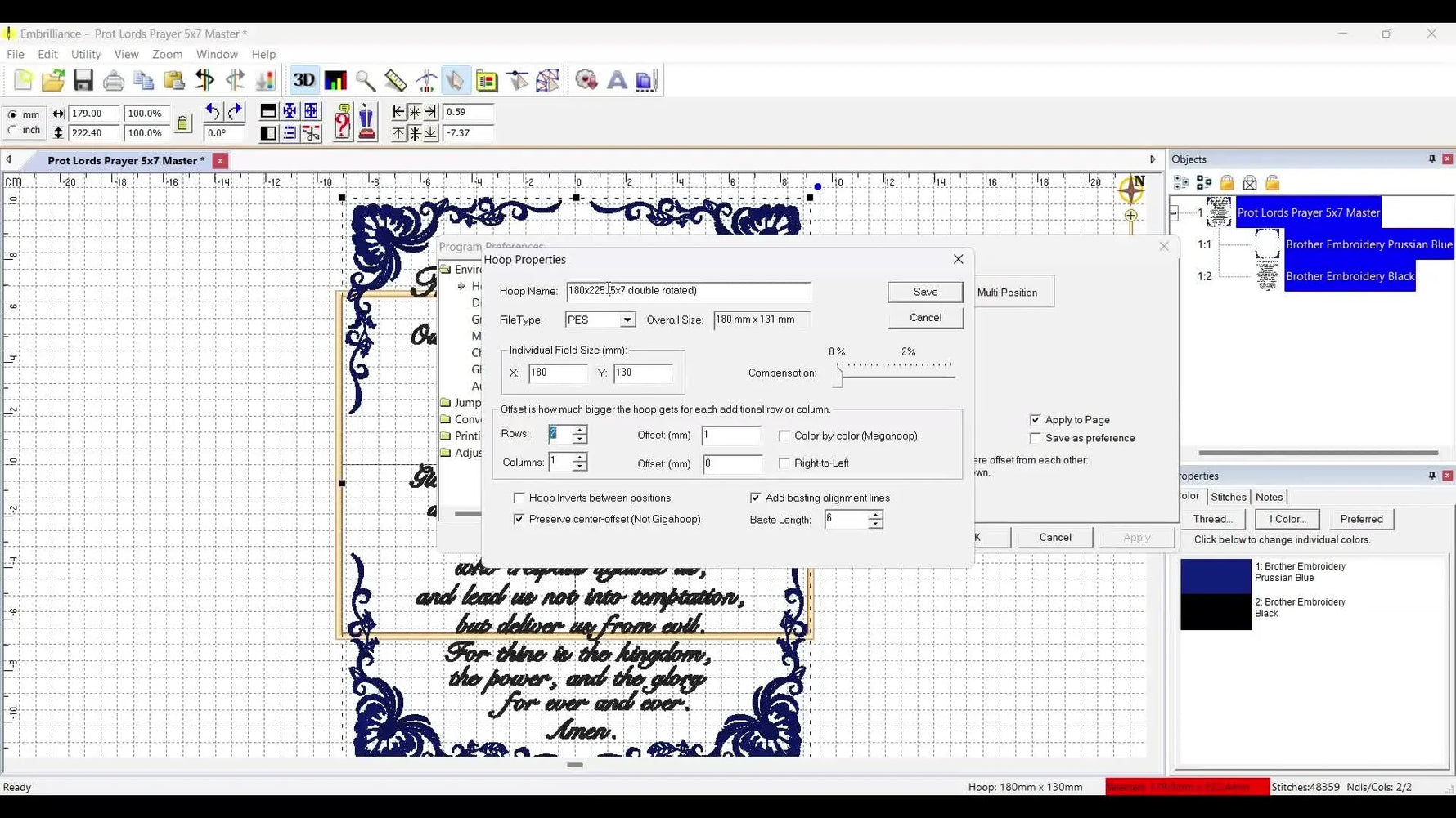 A screen capture of Embrilliance Enthusiast showing the critical 95mm offset being entered for a custom Multi-Position hoop.