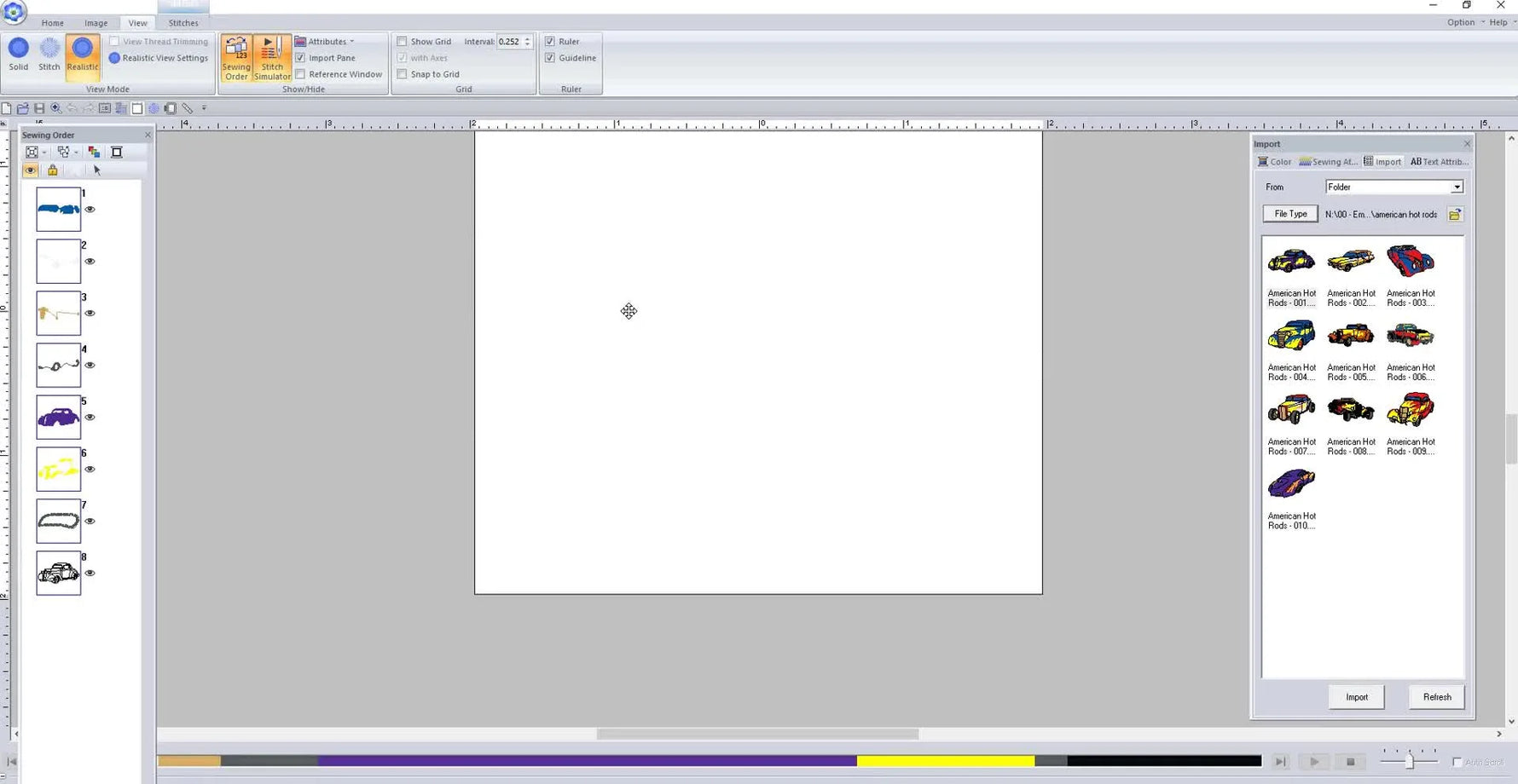 The American Hot Rod design is opened in Palette’s workspace, ready to be saved as a PES file.