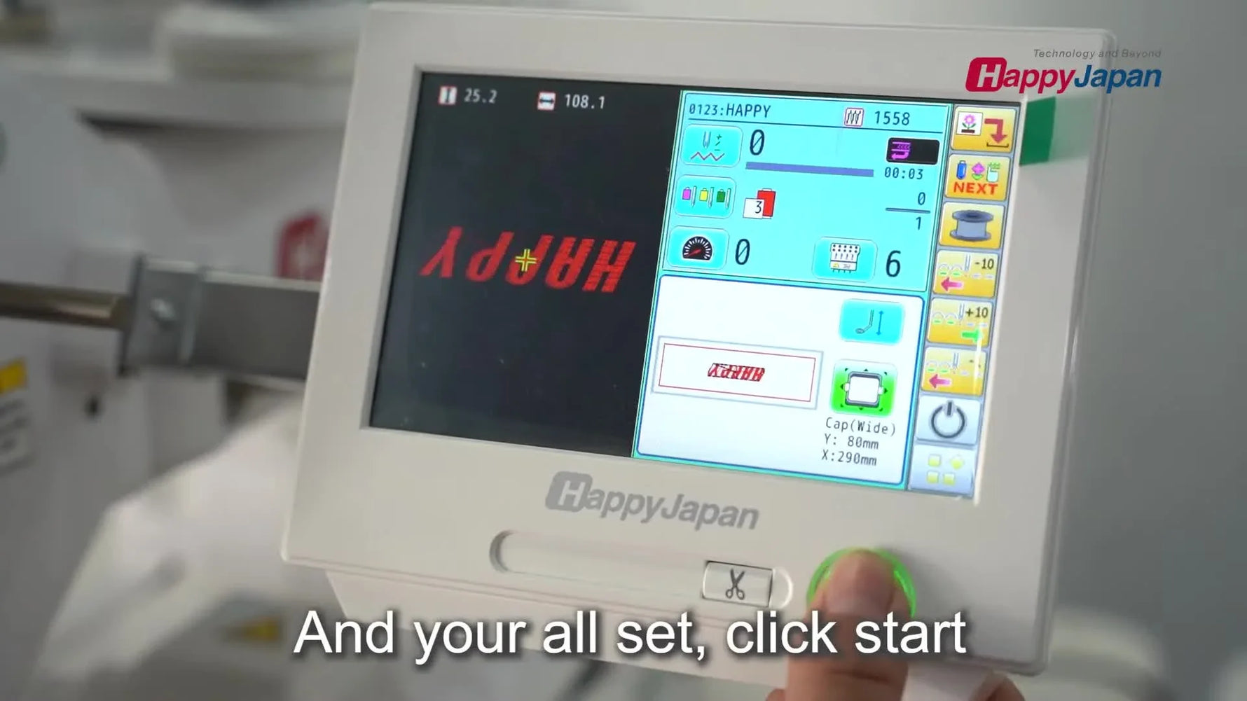 Close-up of the HappyJapan multi-needle machine stitching a red letter on a structured grey cap during the cap embroidery run.
