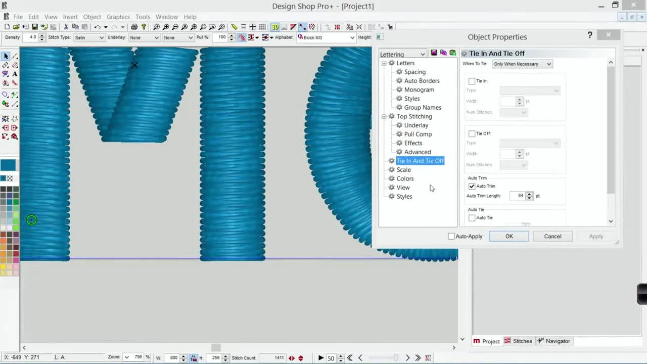 A close-up screen capture of Melco Design Shop’s Object Properties window with the Tie In and Tie Off checkboxes being enabled.