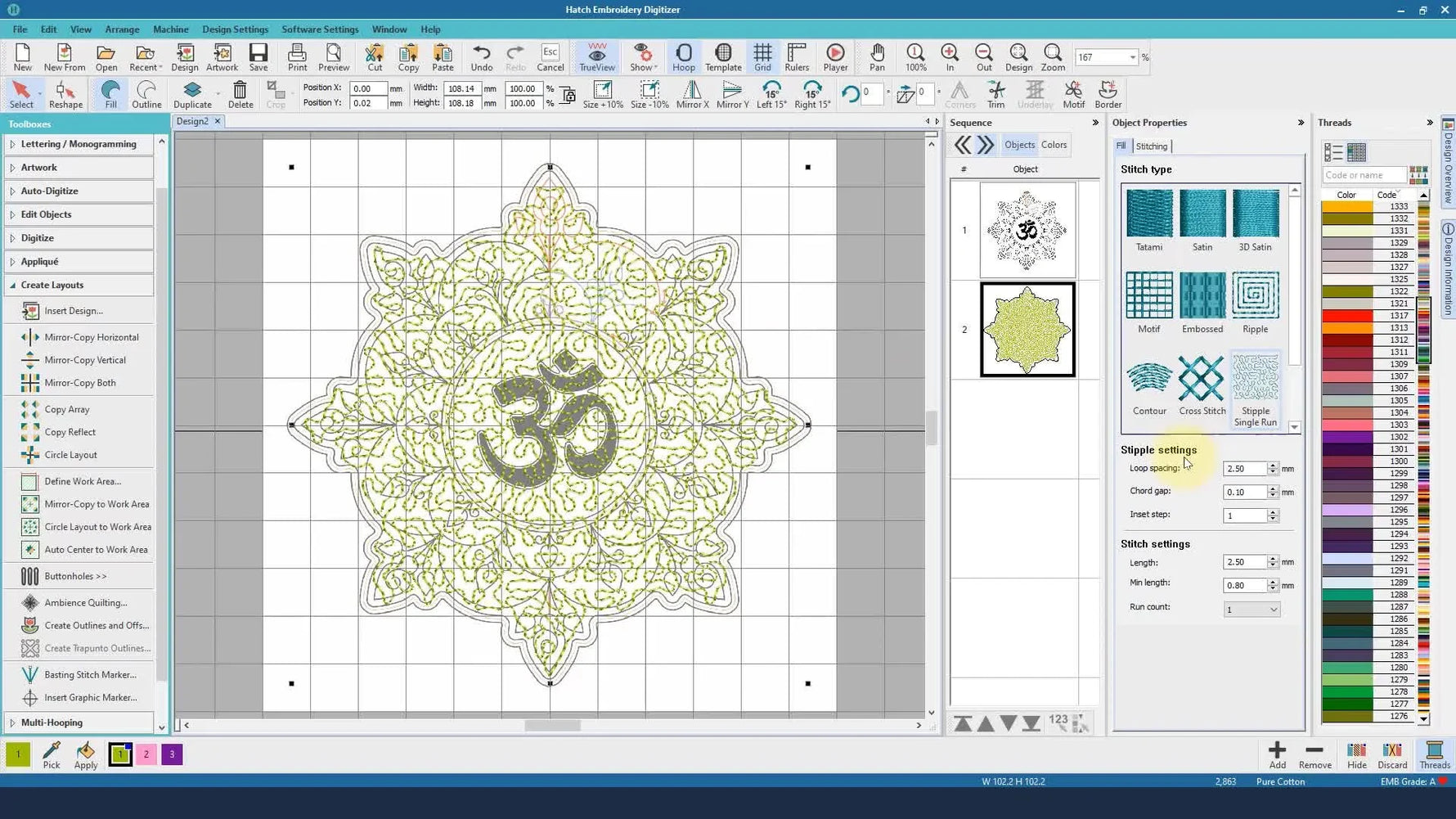A screen capture showing multiple radial segments welded into one clean, closed mandala shape inside Hatch Embroidery Digitizer.
