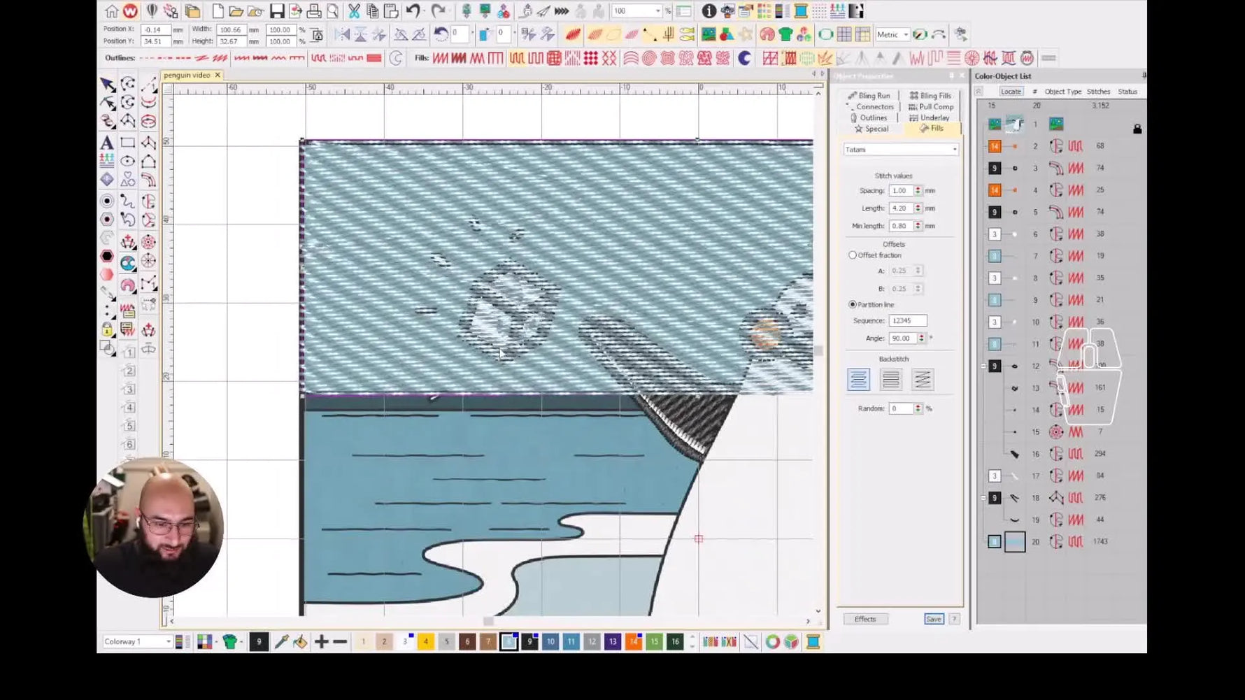 A Wilcom screen capture shows the Florentine Effect curve being reshaped to create a dynamic wave pattern in the sky background.