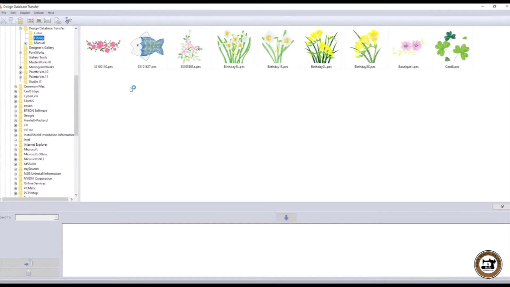 The main Baby Lock Design Database Transfer interface displays design thumbnails, folders, and the toolbar used for organizing and sending files.