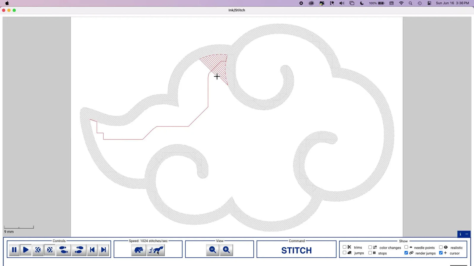 Koniec z „czarną plamą” w Inkscape: digitalizacja chmury Akatsuki w Ink/Stitch z czystym rozbijaniem obiektów, satynową obwódką i ściegiem bezpiecznym dla bluzy