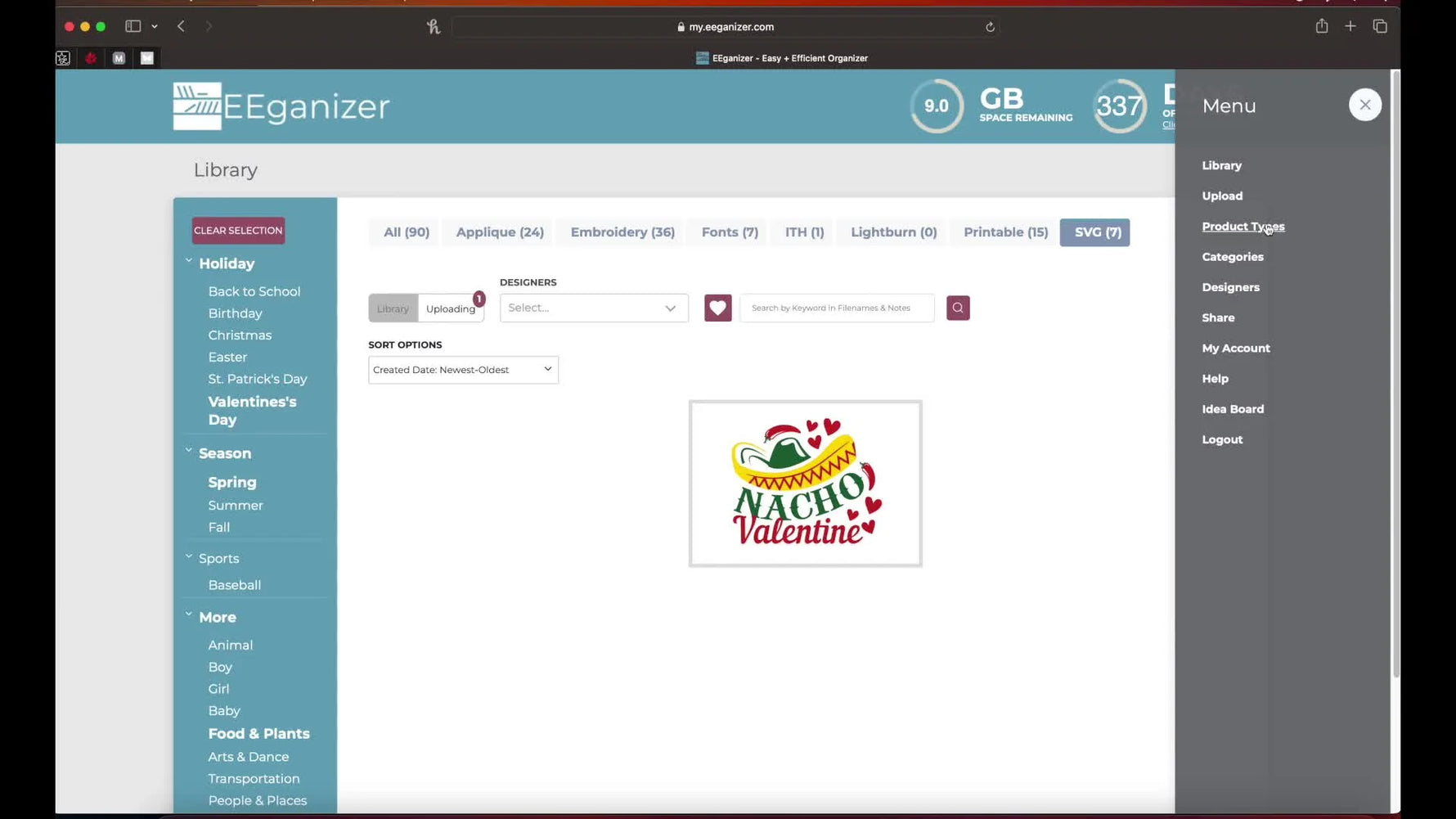 Product Types management interface.