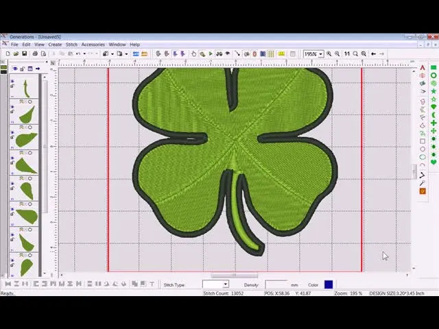 A full-screen view of the finished clover design after smoothing, node edits, and stitch regeneration in Generations Embroidery Software.