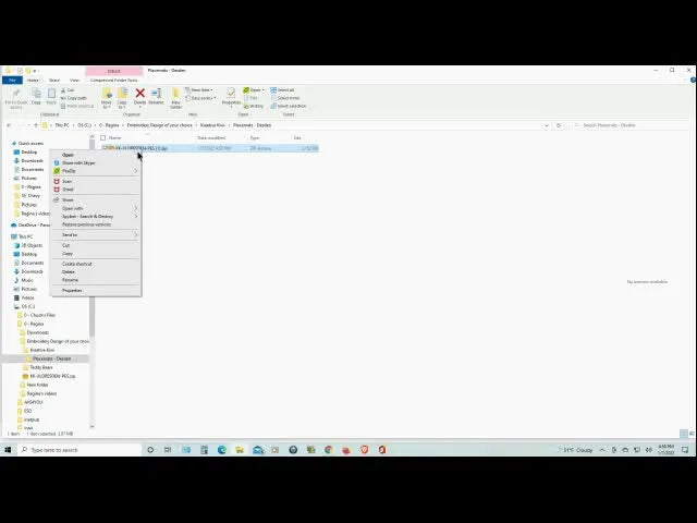 A Windows right‑click menu shows PeaZip’s “Extract here” option being used to unpack an embroidery design ZIP into the correct project folder.