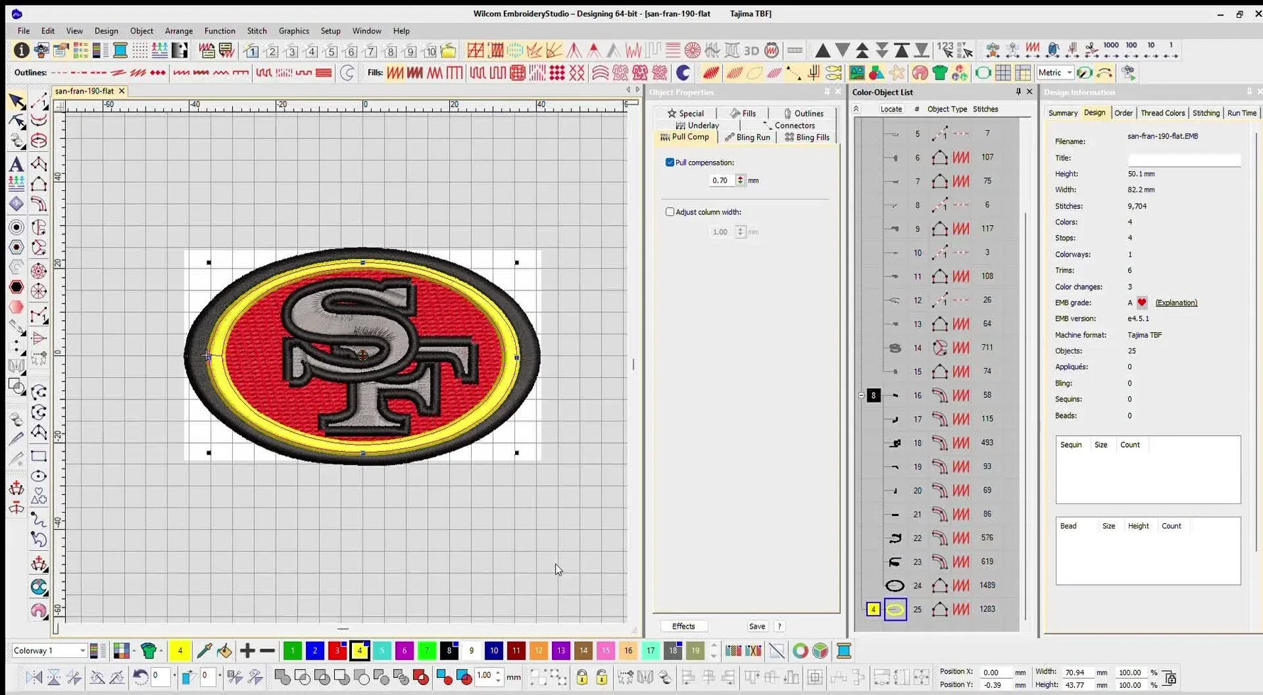 A finished SF 49ers logo stitched on a white cap while still mounted on the cap driver system.