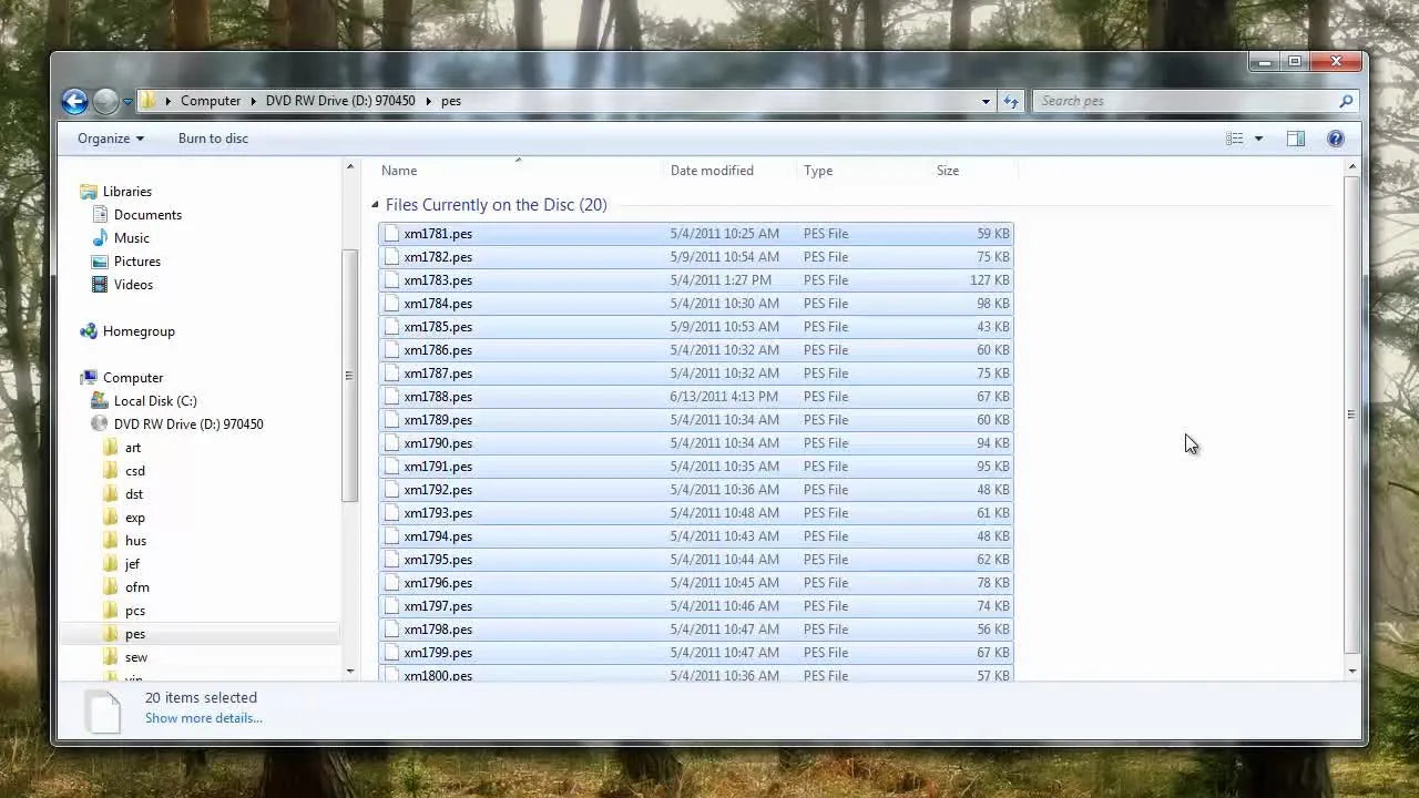 A Windows Explorer window shows all .PES files highlighted in blue after using Ctrl+A, ready to copy to a USB drive.