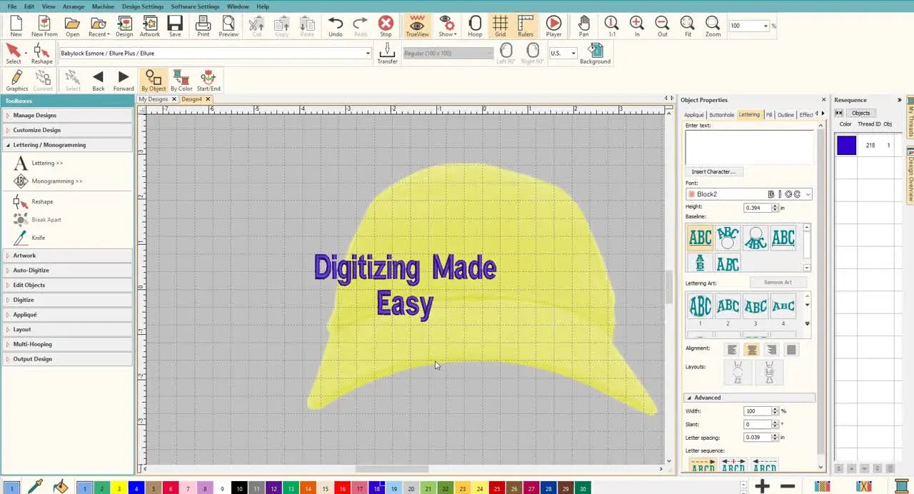 A Hatch workspace showing bright lettering positioned low on a yellow virtual cap background for accurate cap-front visualization.