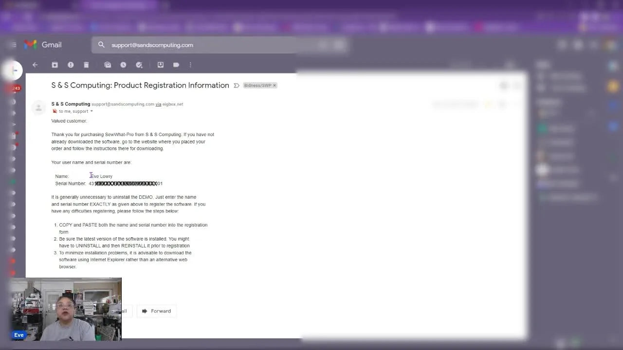A close-up screen capture shows the registration email with the user name precisely highlighted for copy/paste into Sew What Pro.