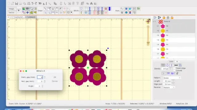 A screen capture shows four mirrored flower motifs forming a square frame with an 80 mm gap in Embrilliance Enthusiast.