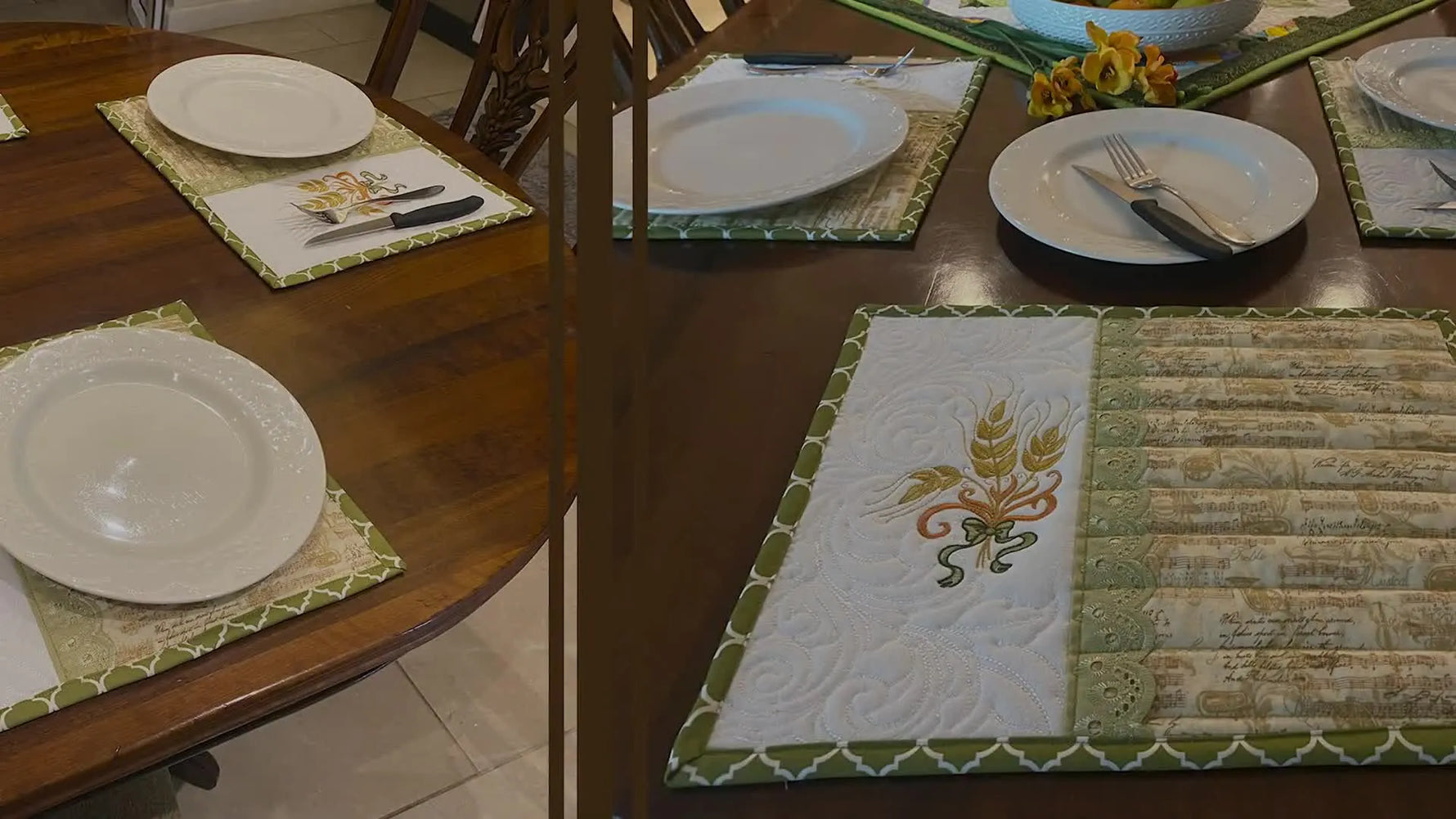 A finished Wheats of Love placemat on a wooden table, showing the wheat embroidery, lace insert, and neatly pressed green binding.