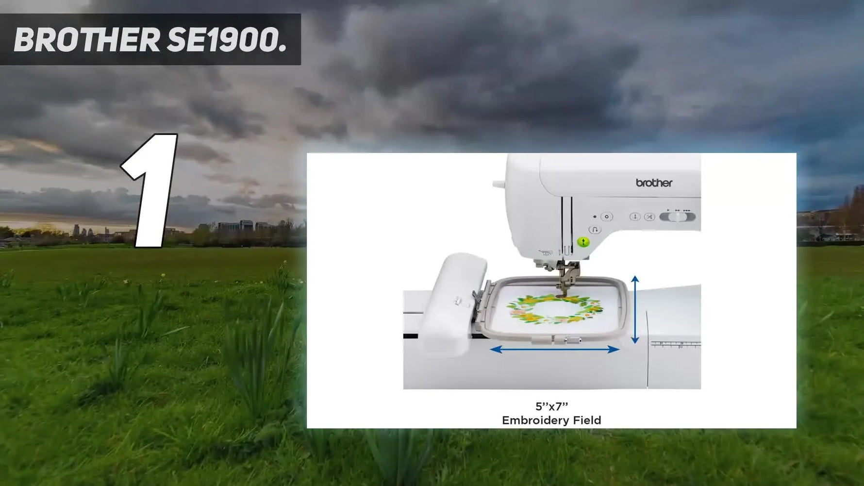A Brother SE1900 is shown actively stitching a floral design in an embroidery hoop, highlighting a typical home embroidery setup in motion.