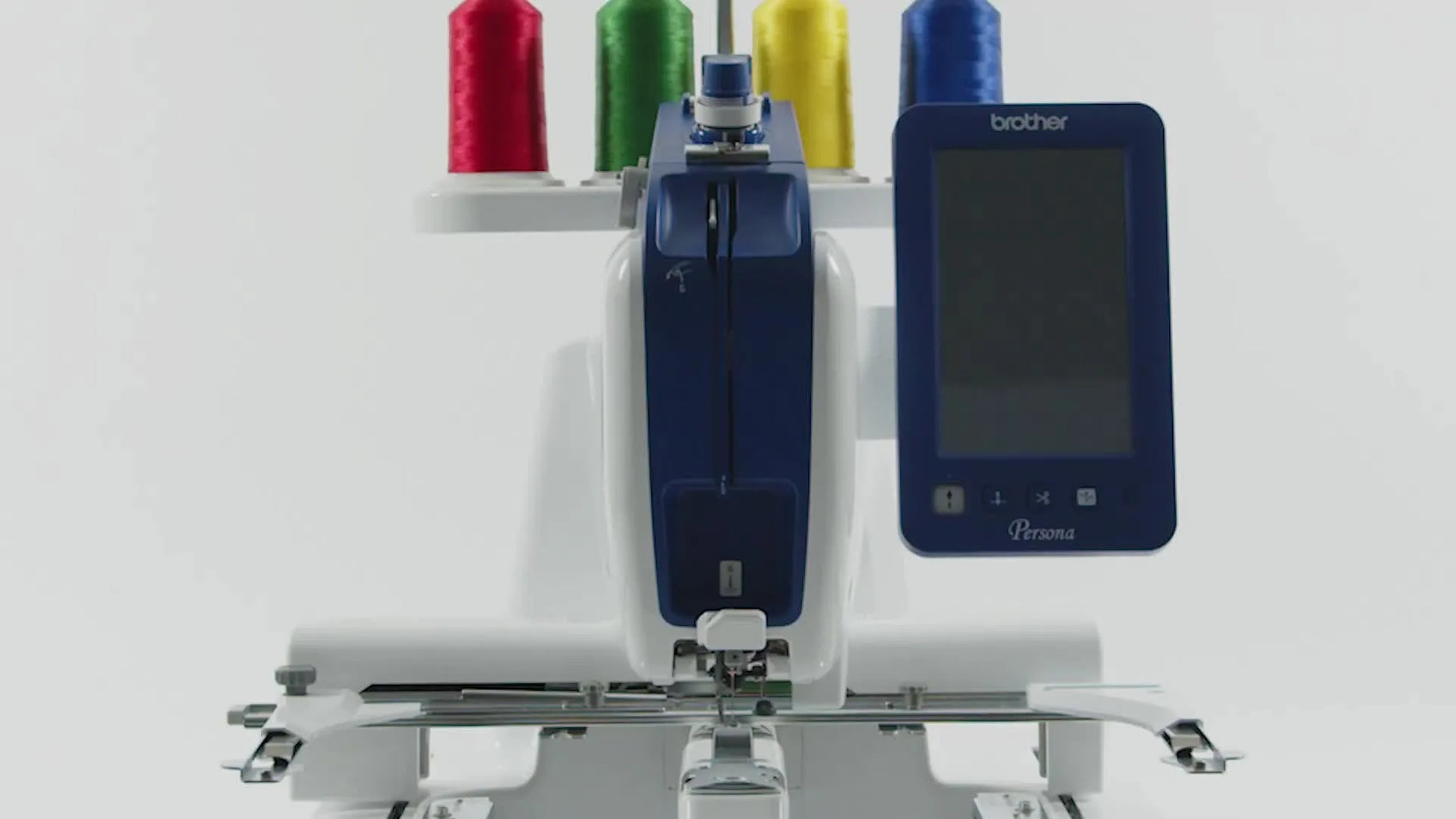 A wide view of the Brother PRS100 showing the tubular free arm, vertical spool stand, and large color screen—exactly the features that change how you hoop bags and sleeves.