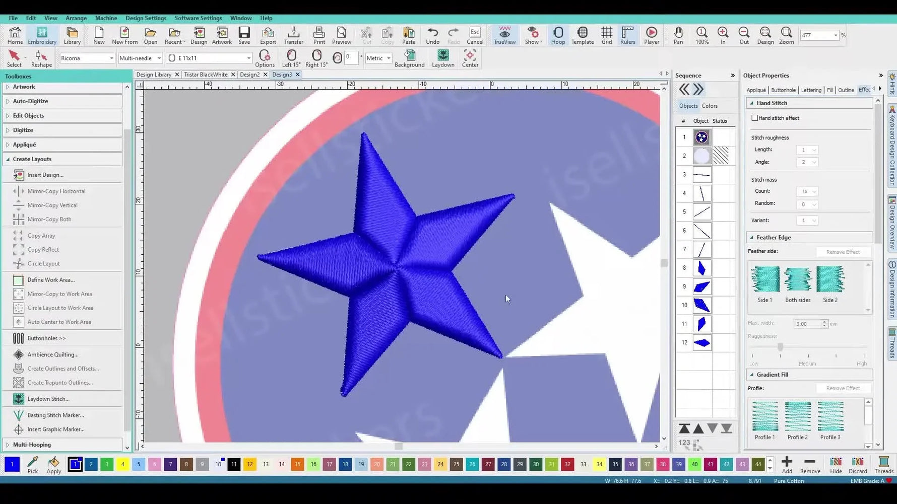 A clean, perfectly symmetrical five-point satin star built from a single segment using Wilcom Hatch’s Circle Layout tool.
