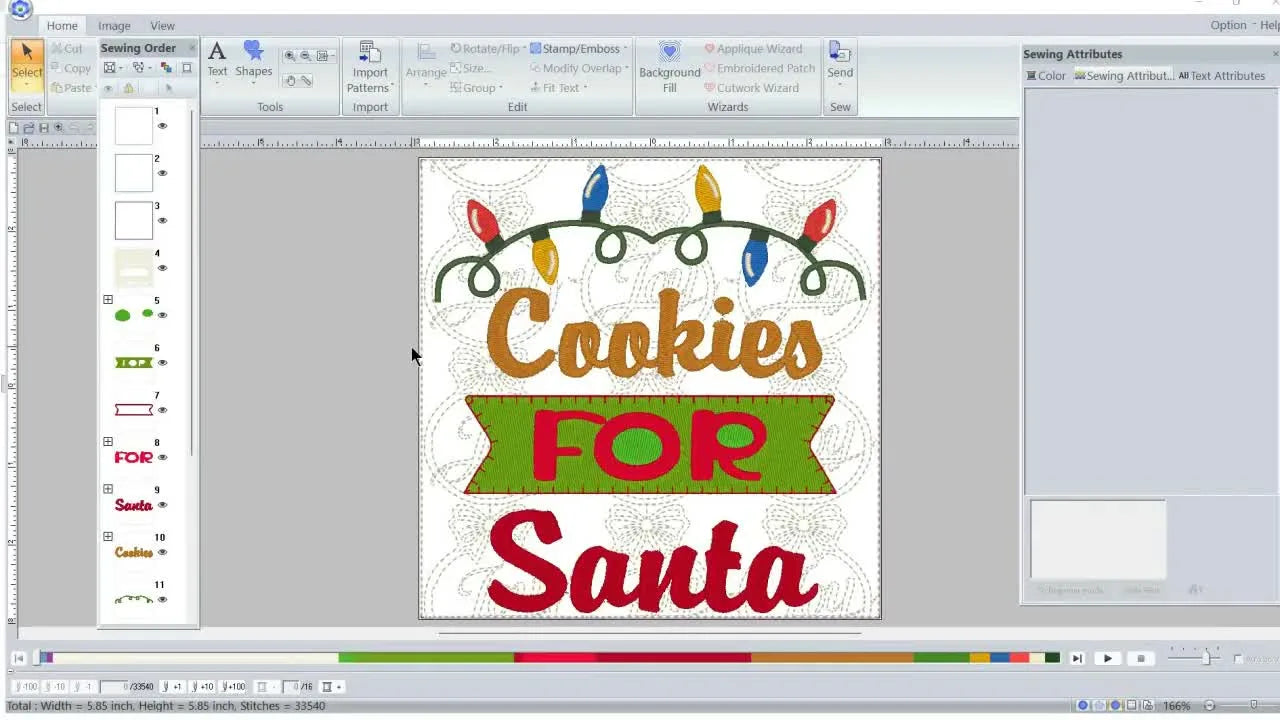 A screen view of the “Cookies for Santa” embroidery block in software, showing the colorful light-bulb border and the sewing order panel.