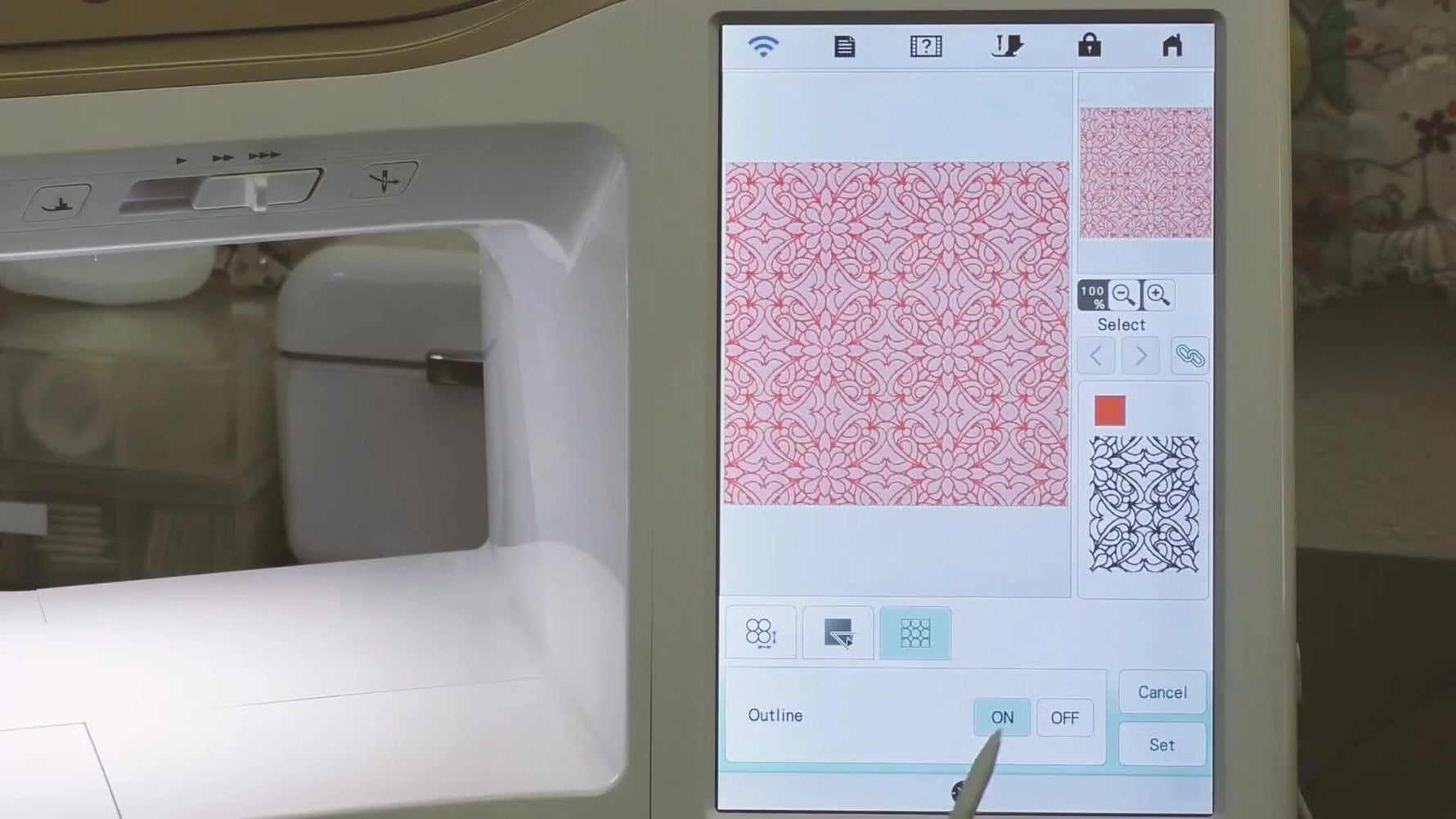 The Baby Lock Altair preview screen displays the true stitched simulation of a decorative fill, making it easier to judge scale and density before you stitch.