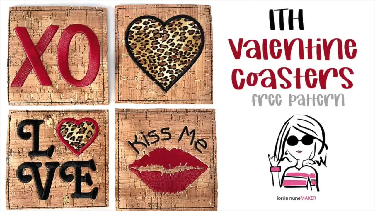 Four finished ITH Valentine coasters (XO, Heart, Love, Lips) displayed overhead, showing how cork and vinyl textures change the look.