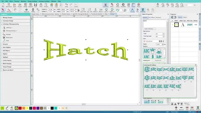 A screen capture shows the Lettering Art menu being dragged into a floating tear-off palette for faster lettering edits in Hatch Embroidery 2.