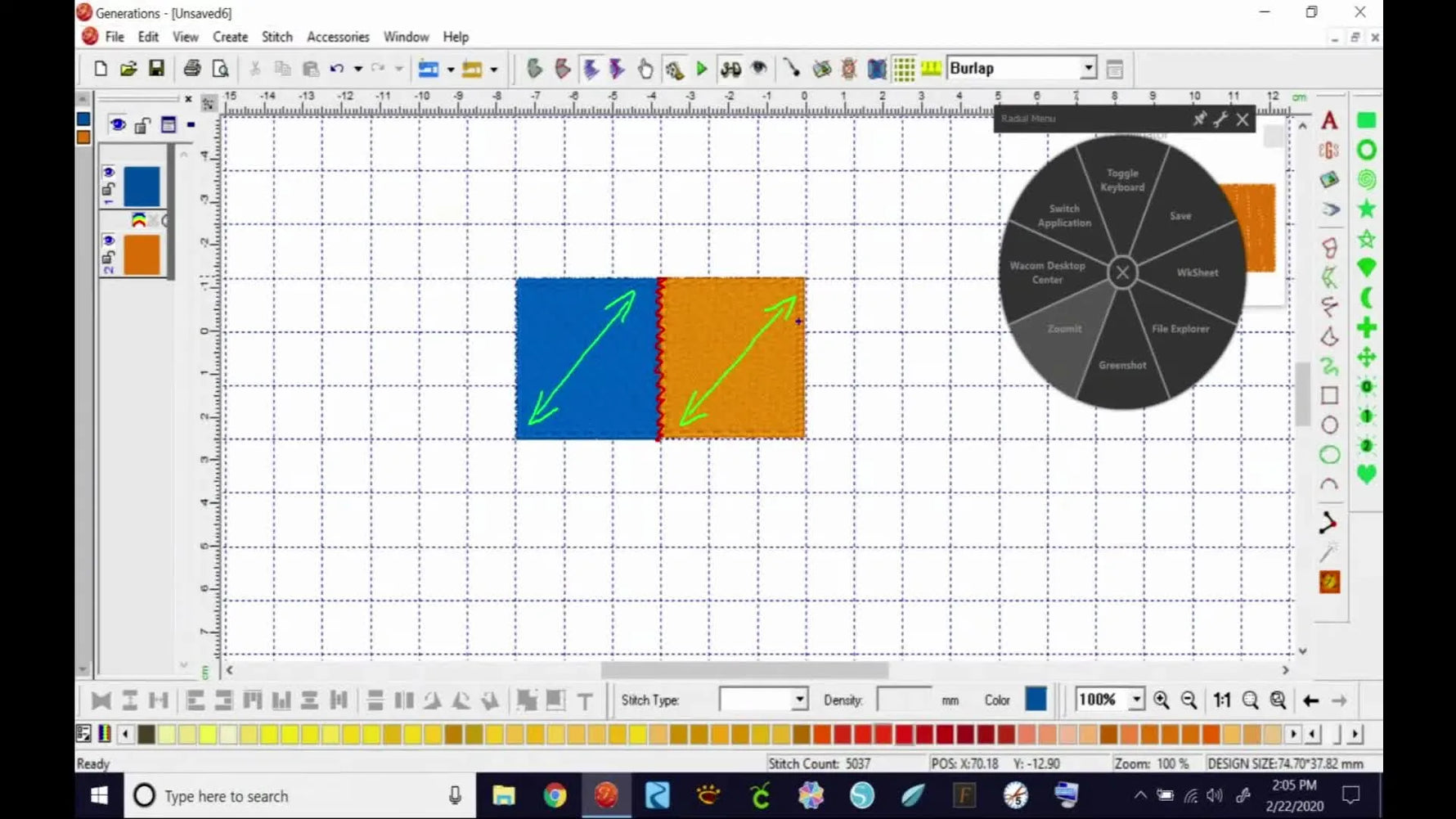 A clear on-screen diagram shows push forces and pull forces around adjacent fill objects, explaining why gaps appear when stitch angles match.