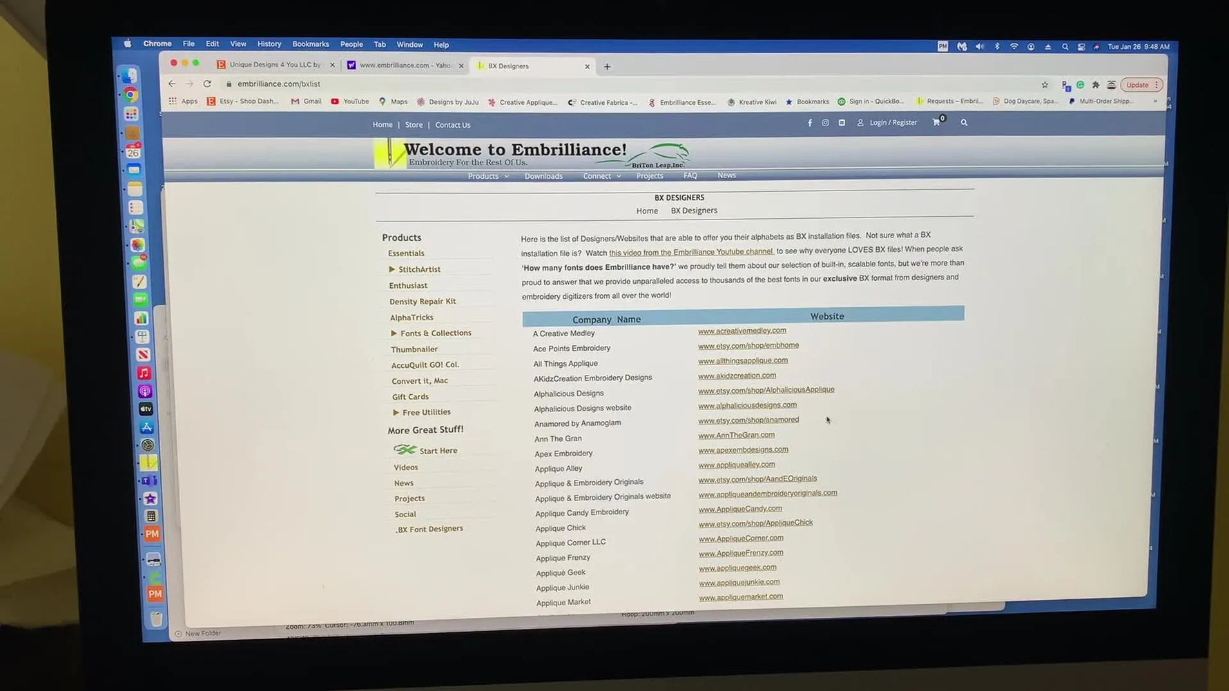 The Embrilliance interface is open on a blank canvas, ready for a BX-font text demo.