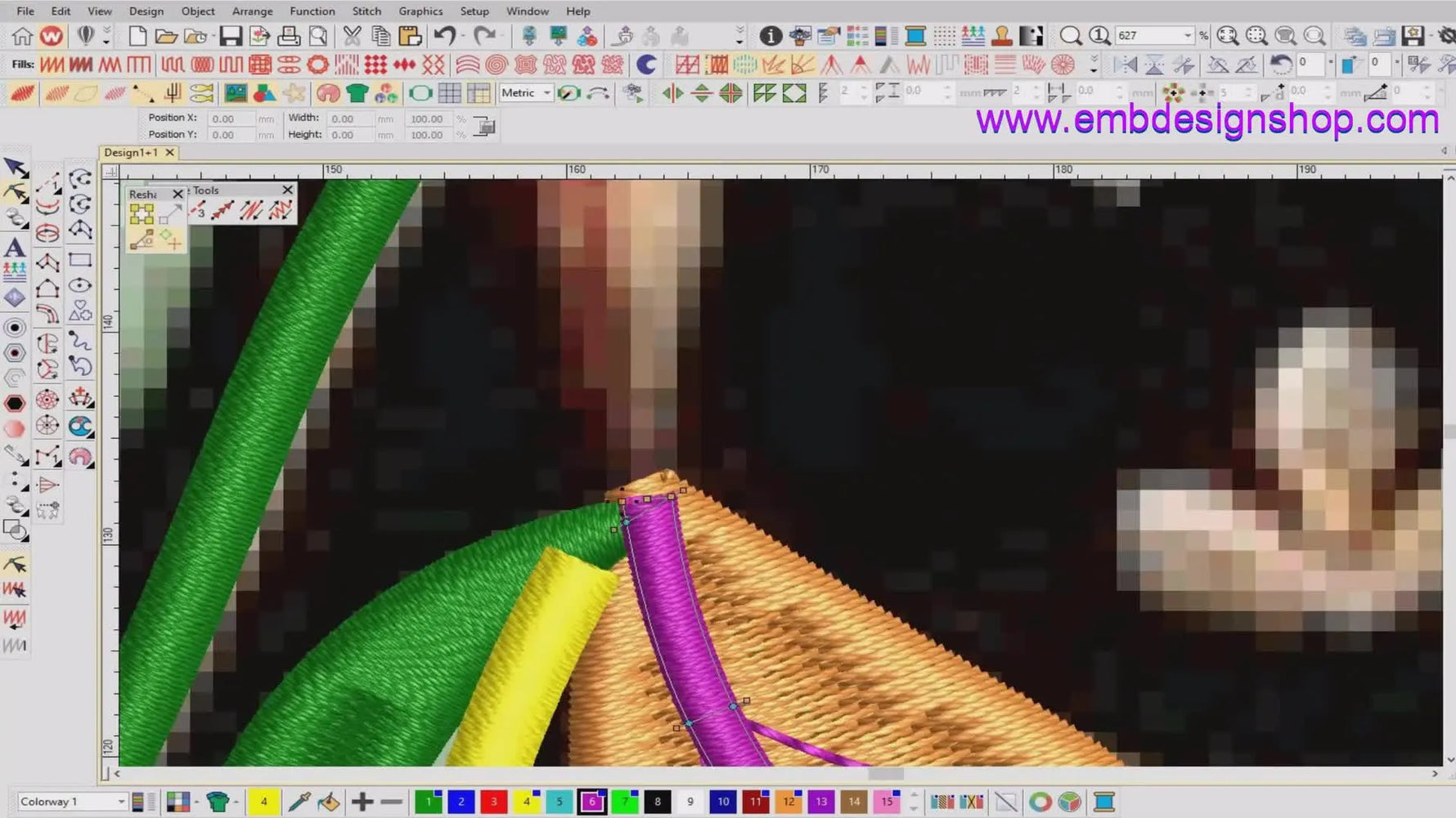 A close-up screen capture showing the green leaf base meeting the purple stem with a yellow connector, highlighting clean layering at an intersection.