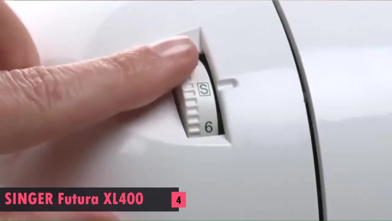 A close-up shows the SINGER Futura XL400 tension dial being set to the 'E' embroidery position for clean stitch formation.