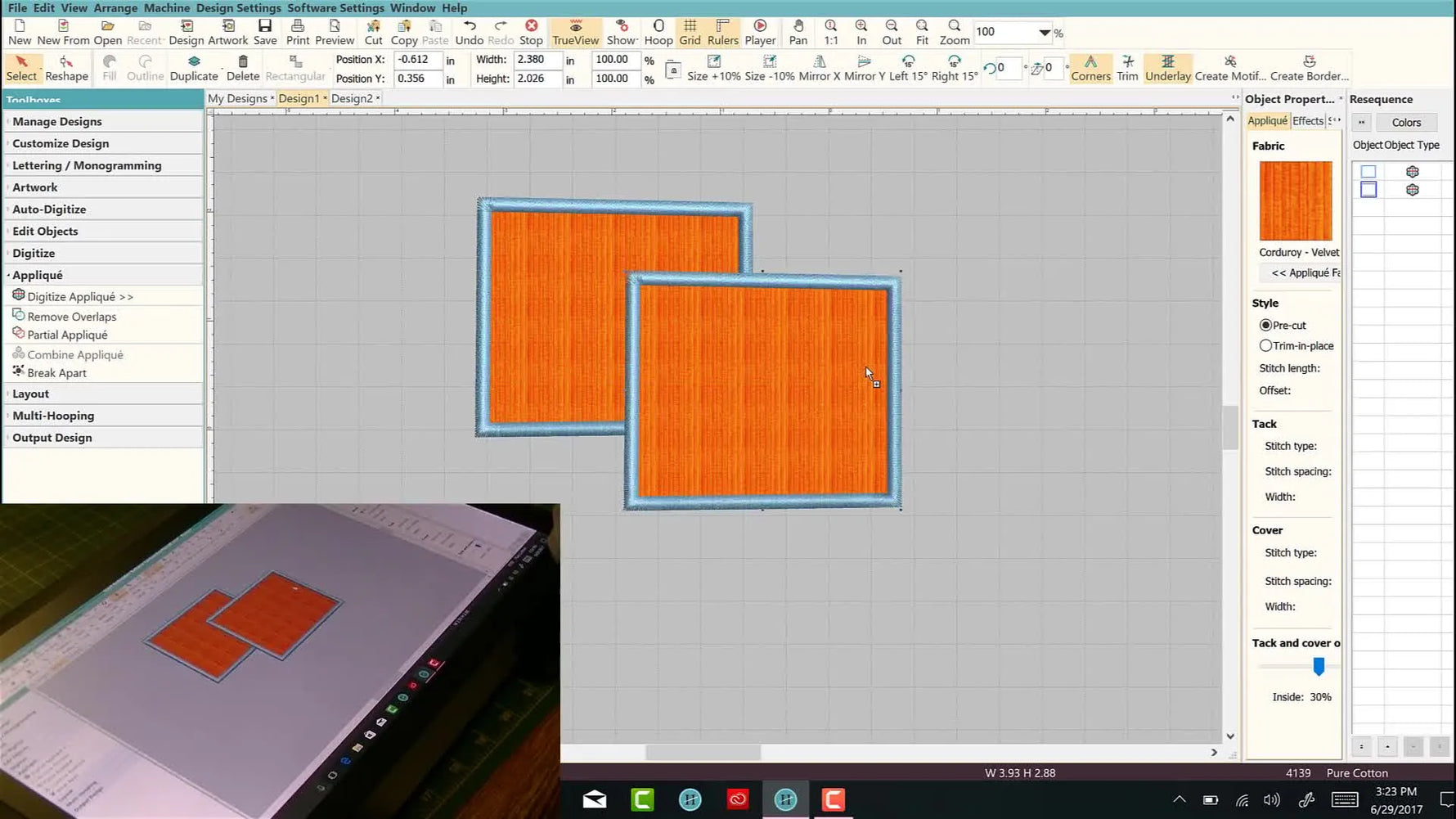 Two bright orange appliqué squares overlap in Hatch, illustrating the exact scenario where Partial Applique prevents bulky satin buildup.