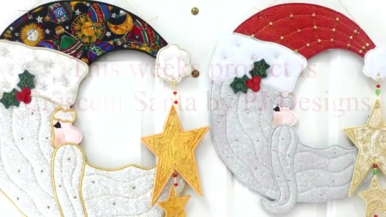 Crescent Santa di PJ Designs: fuori-telaio (ITH) con barba in minky che resta davvero piatta a parete (telaio 6x10 o 7x12)