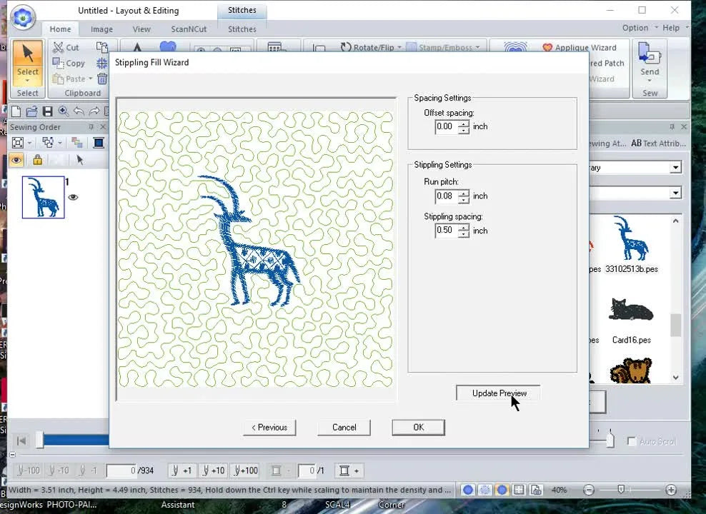 A PE-Design 11 preview shows a loose stippling background fill around the antelope design at 0.50 spacing.