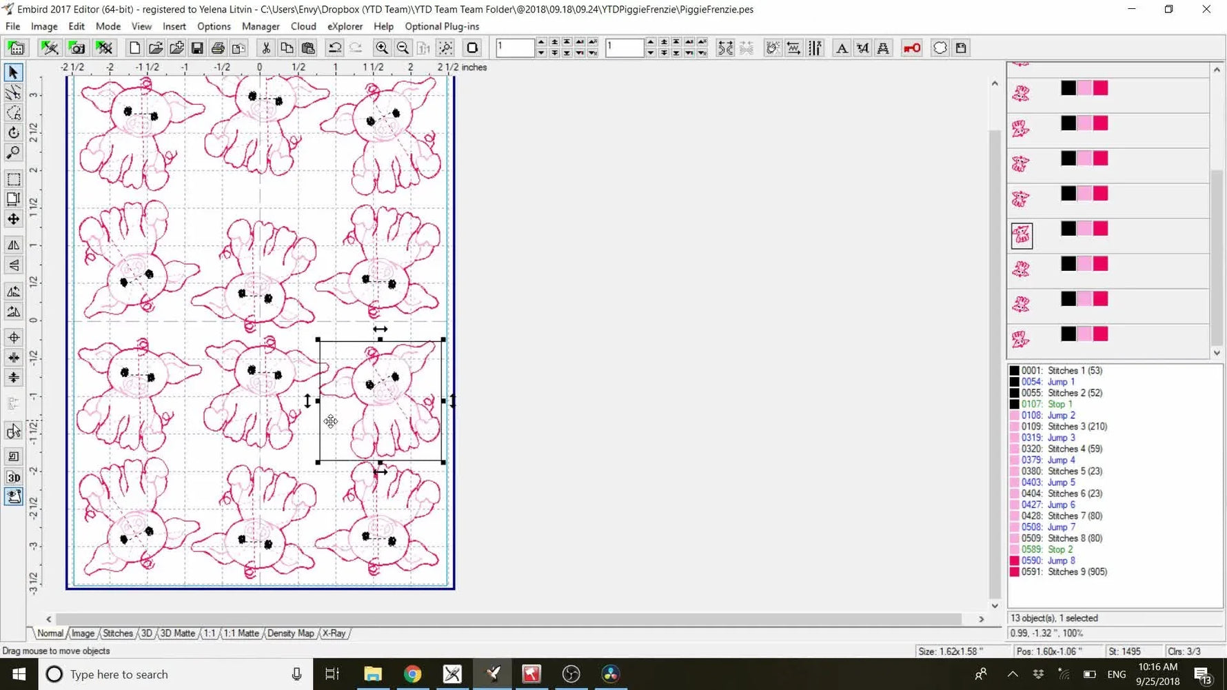 A finished Embird 5x7 vertical layout showing six pig felties evenly packed inside the hoop boundary.