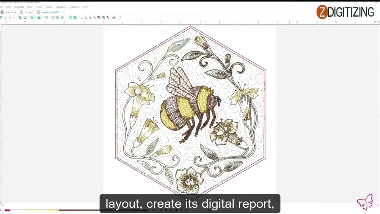 A multi-needle embroidery machine stitches a detailed bee-and-flower design on a hooped quilt block, showing stable fabric control during production.