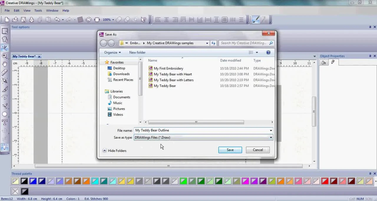 The Creative DRAWings “Save as type” dropdown is set to DRAWings Files (*.Draw), highlighting the master-file choice that keeps your design editable.