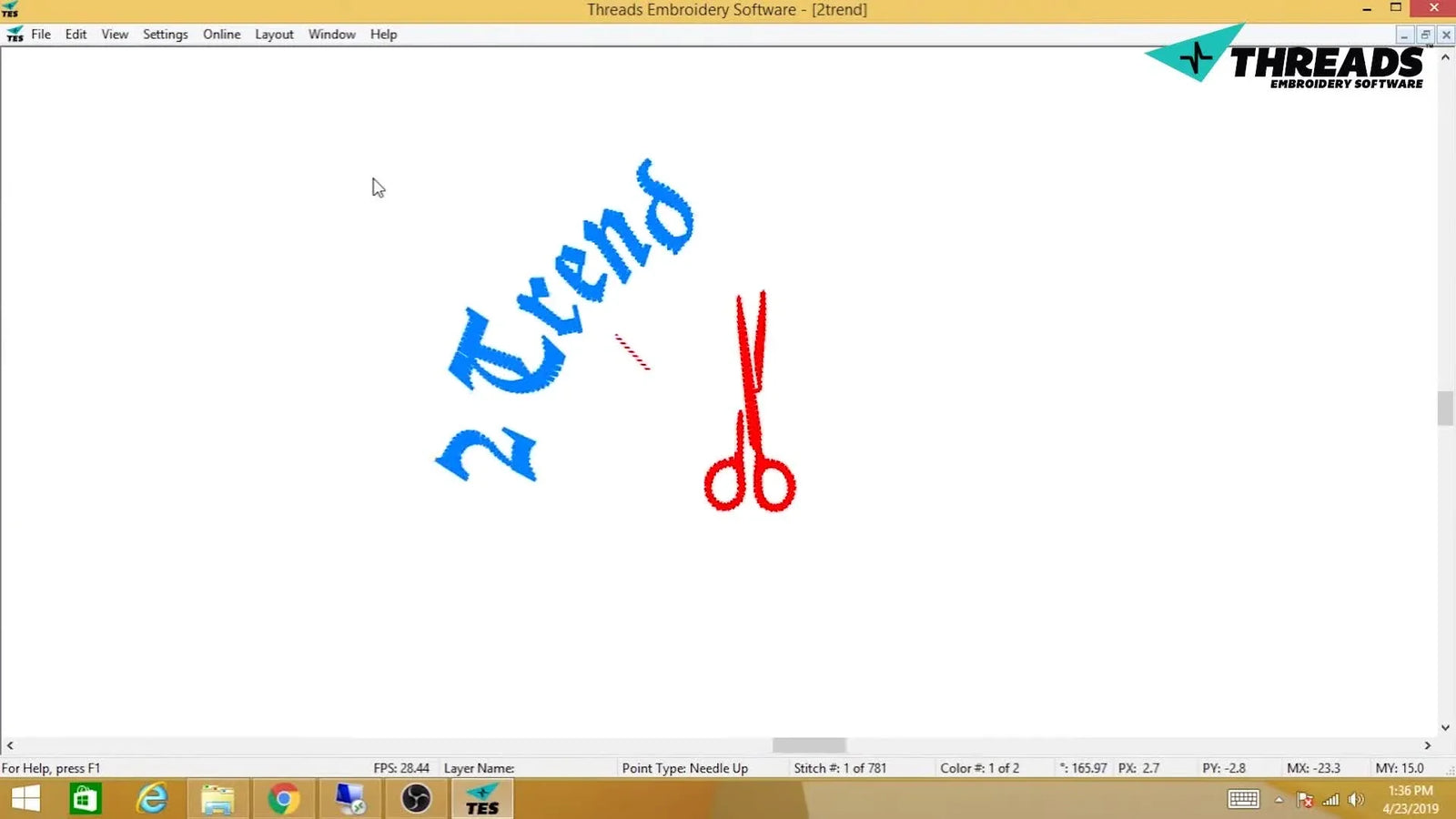 Digitize a Scissors Logo in Threads Embroidery Software: Clean Satin Columns, Smooth Nodes, and Text That Actually Arcs