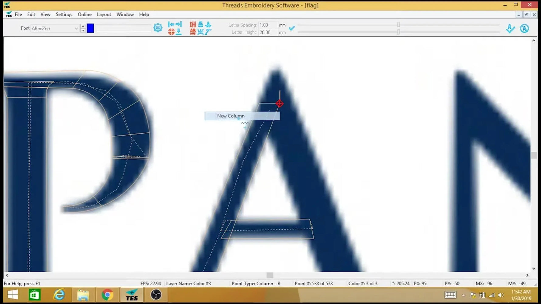 A screen capture shows the letter “P” being formed with the Arc Column tool in Threads Embroidery Software, with nodes defining a clean satin bowl.