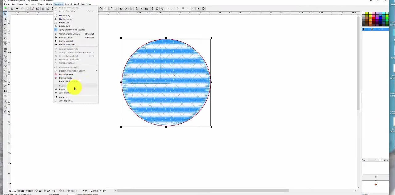 A screen capture shows the cursor hovering over Embird Studio’s Transform menu with Auto Outliner highlighted.