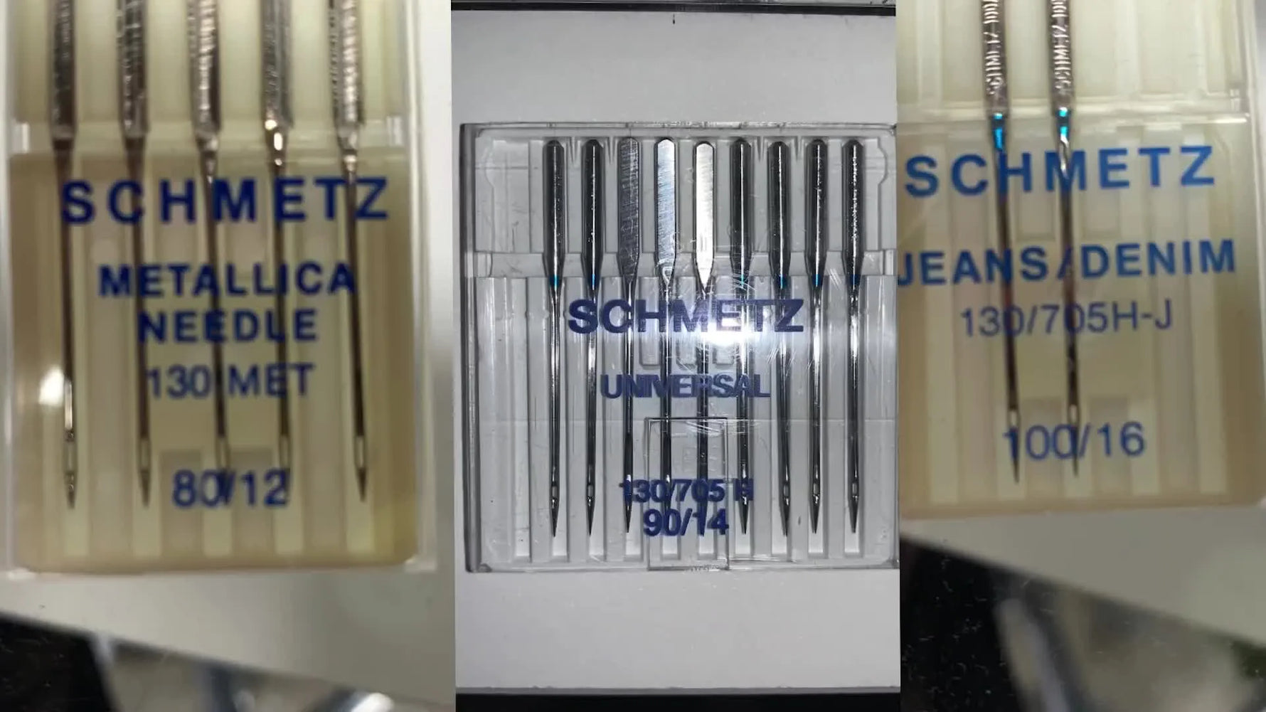 Close-up of three Schmetz needle packages with size numbers circled in red.
