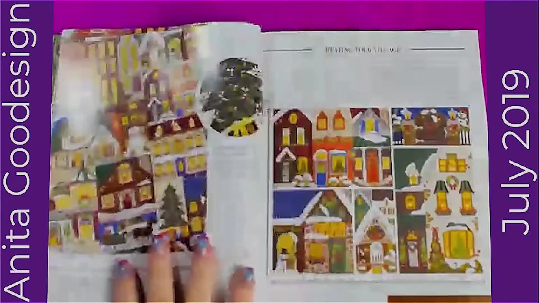 A wide, double-page spread of the Anita Goodesign Christmas Village Quilt showing the full multi-block layout and individual house designs.