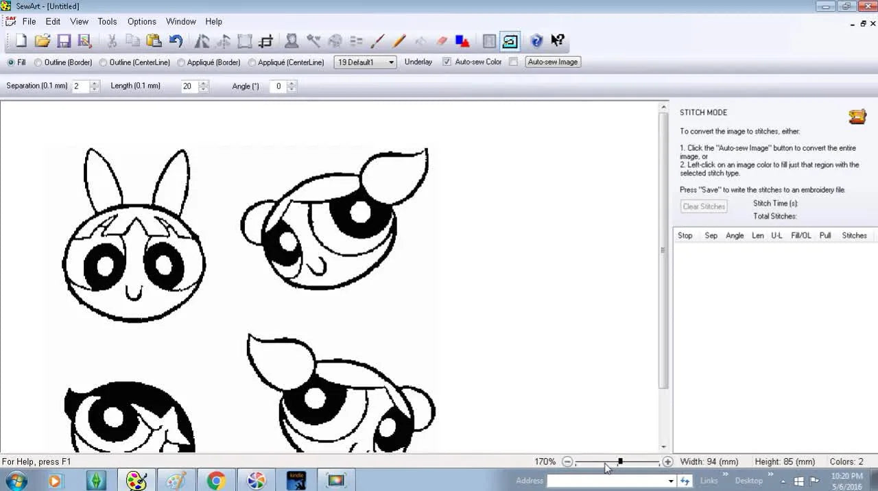 SewArt shows the cleaned Powerpuff Girls line art in stitch-generation mode, ready for assigning fill and satin stitches.