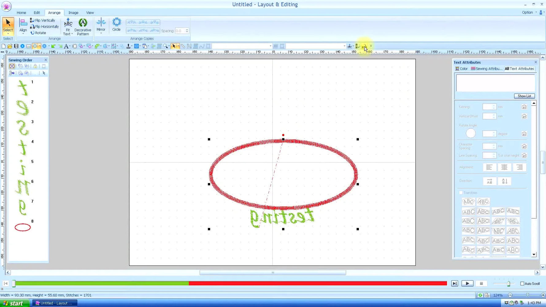 Curved text is neatly aligned to the bottom of a red oval path, reading correctly left-to-right after orientation fixes.