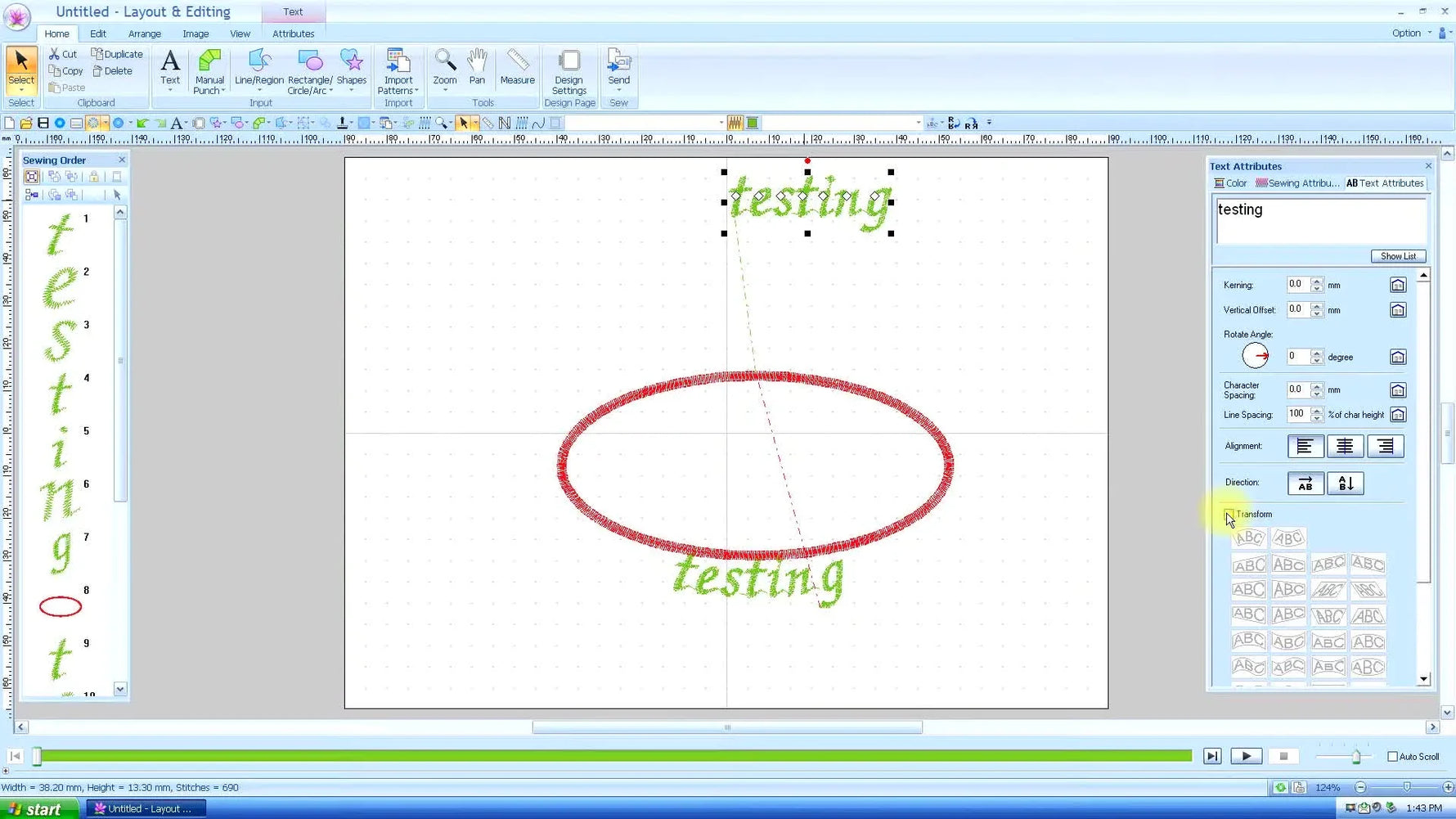 Close-up of the Text Attributes panel with the Transform box checked, revealing preset arc shapes for quickly curving lettering.