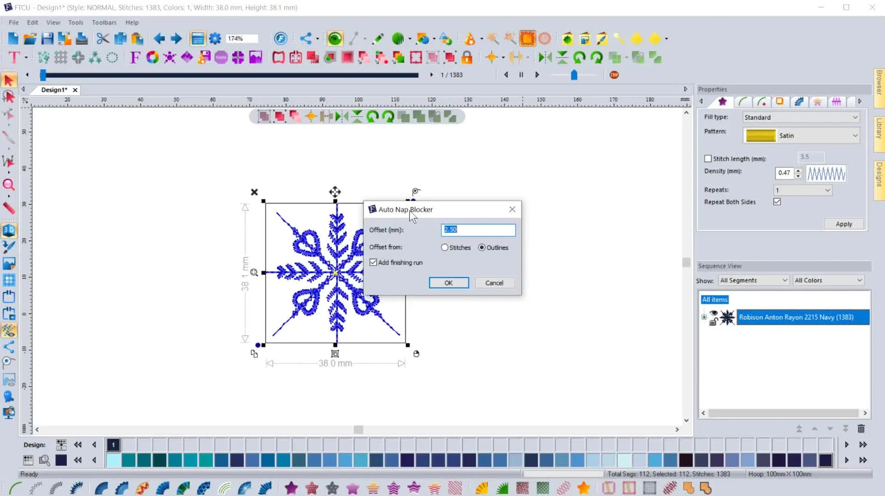 The Floriani FTCU Auto Nap Blocker dialog box showing the default 2.50 mm offset and the key settings that control how the nap-blocking field is generated.