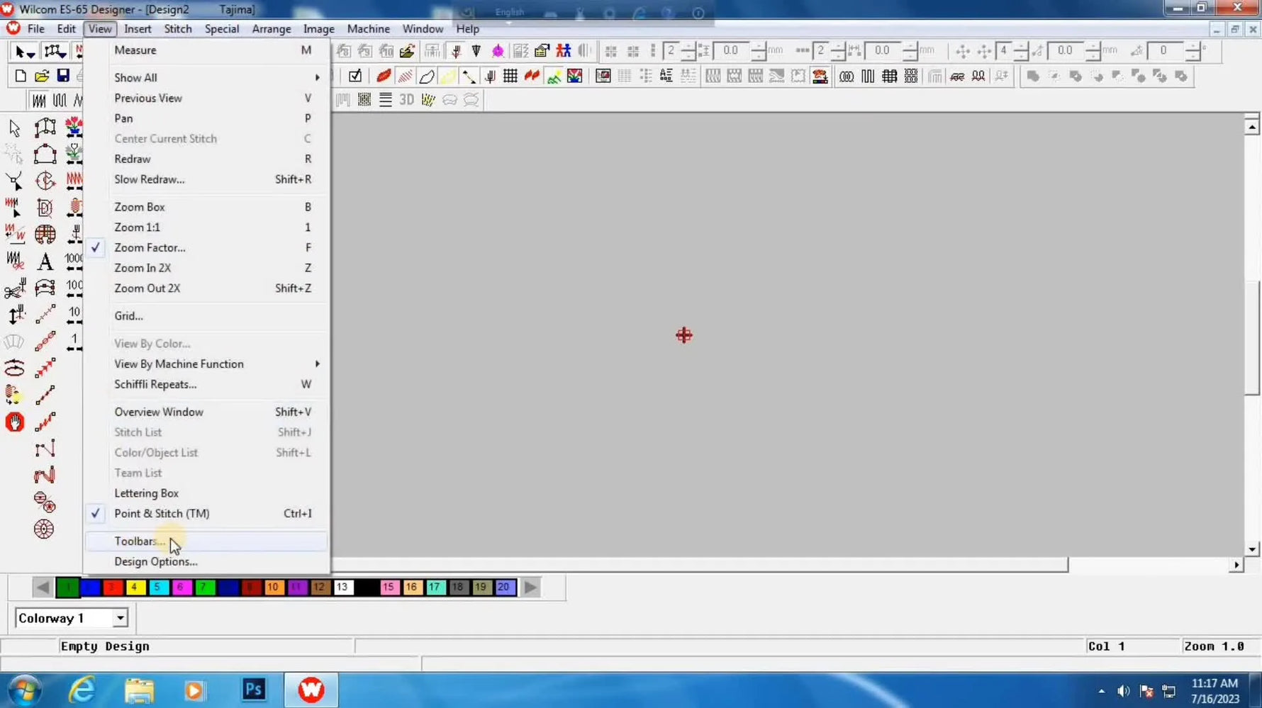 The Wilcom ES-65 Designer Toolbars dialog box with checkbox options used to restore missing interface toolbars.