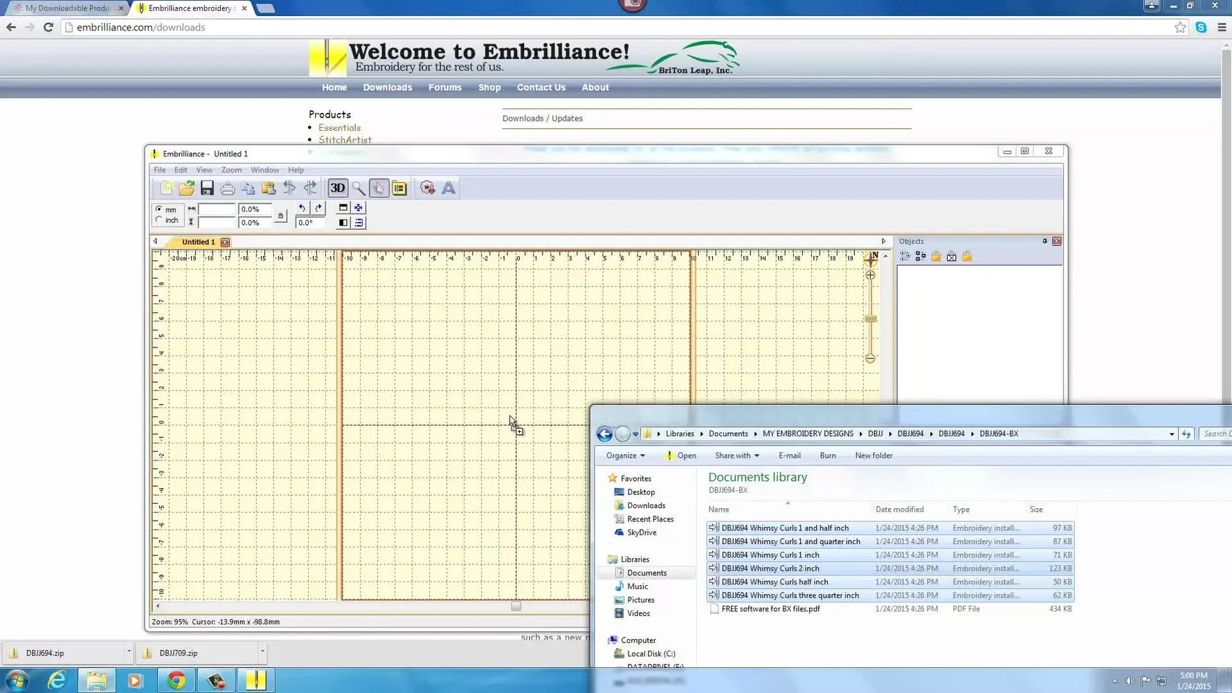 Dragging multiple BX font files from a folder onto the Embrilliance workspace to install the font in one move.