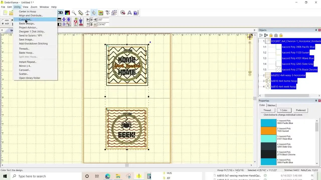A screen capture of Embrilliance Essentials showing the Color Sort results with multiple color changes reduced for a two-block 9x14 hoop layout.
