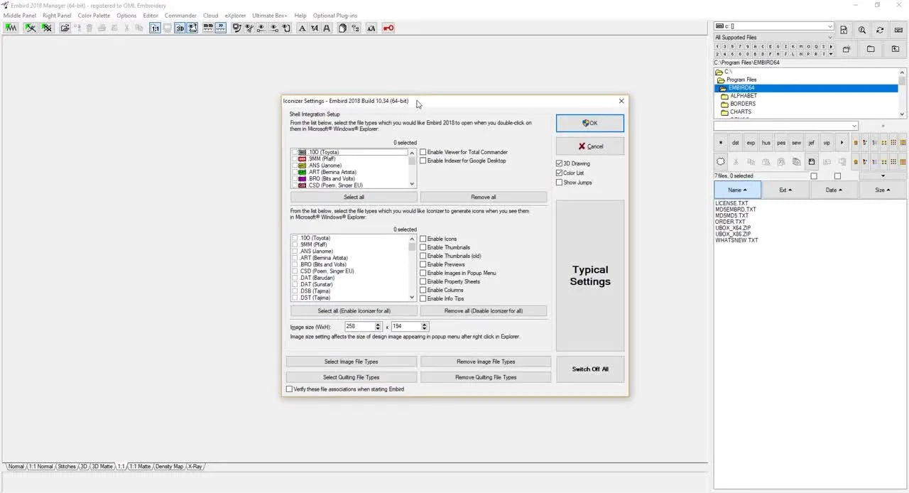 The Embird 2018 Iconizer Settings dialog box is open, showing embroidery file extensions with checkboxes for thumbnail generation.
