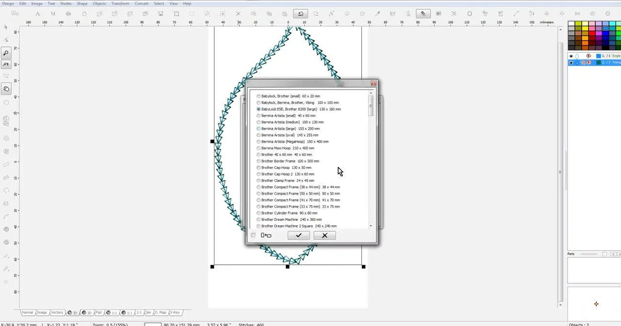 The Embird hoop-size menu highlights the Brother 130×180 mm hoop, defining the stitchable boundary before digitizing the appliqué border.