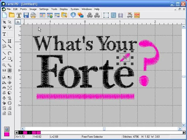 A fully recolored “What’s Your Forte?” design in FortePD with black text and pink accents, ready for an optimized two-stop stitch sequence.