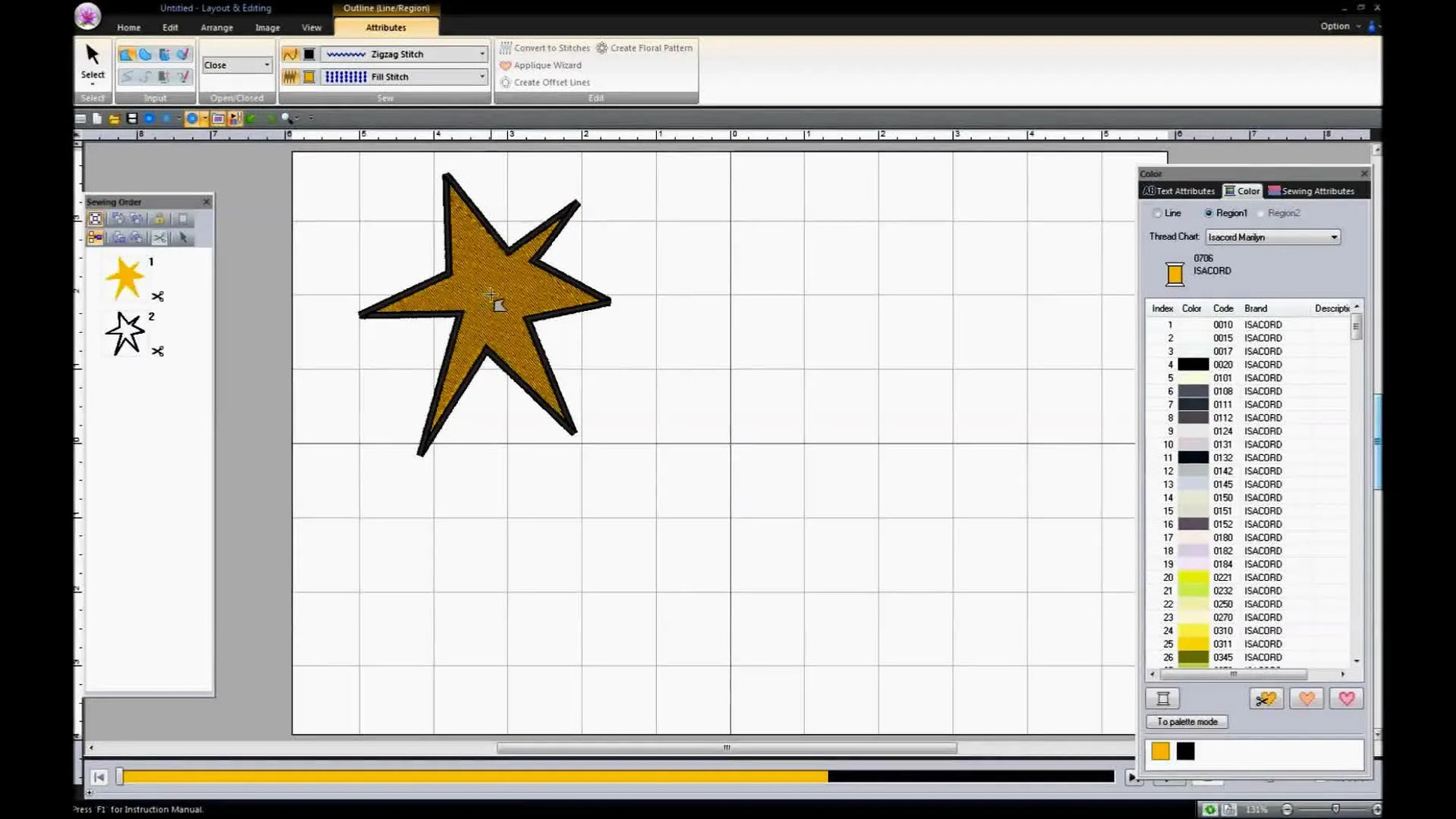 A completed star shape in PE-Design Next shows a zigzag outline and filled region, ready for stitch-attribute tuning and simulation.